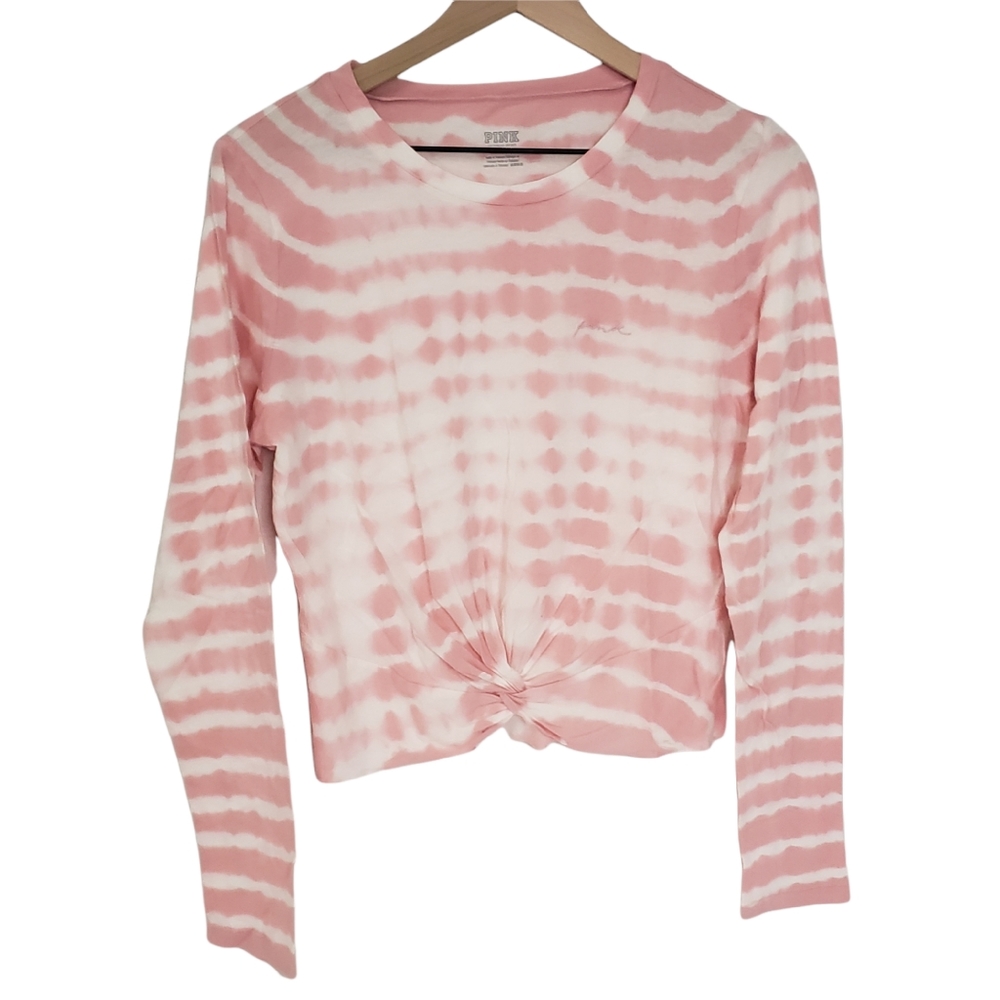 Victoria Secret PINK Long Sleeve Pink & Tie Dye Knot Crop Top. Size Larg…